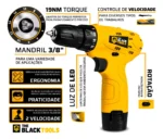 Parafusadeira Furadeira The Black Tools TB12A 3/8 a Bateria Cor Amarelo Frequência 60Hz - Imagem 3