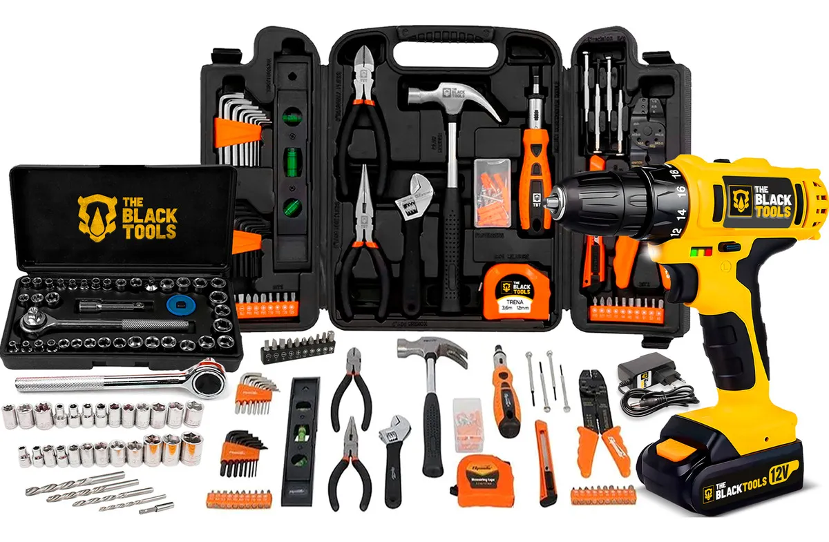 D_NQ_NP_2X_936056-MLA99425564798_112025-F Jogo De Ferramentas 169 Peças Com Maleta E Furadeira Parafusadeira Sem Fio A Bateria Tb-12e 12v 3/8 10mm The Black Tools - Imagem 1