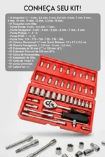 Jogo De Ferramentas Kit Multiuso Soquete 1/4 46 Peças Profissional Com Maleta Completa Aço Cromado Chaves Bits Catraca Reversível Extensões Junta Universal Portátil Reforçado Doméstico Automotivo - Imagem 2